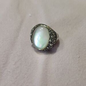 Michael Dawkins Iridescent White Opal-Effect Mop Oval Ring with 925 Filigree